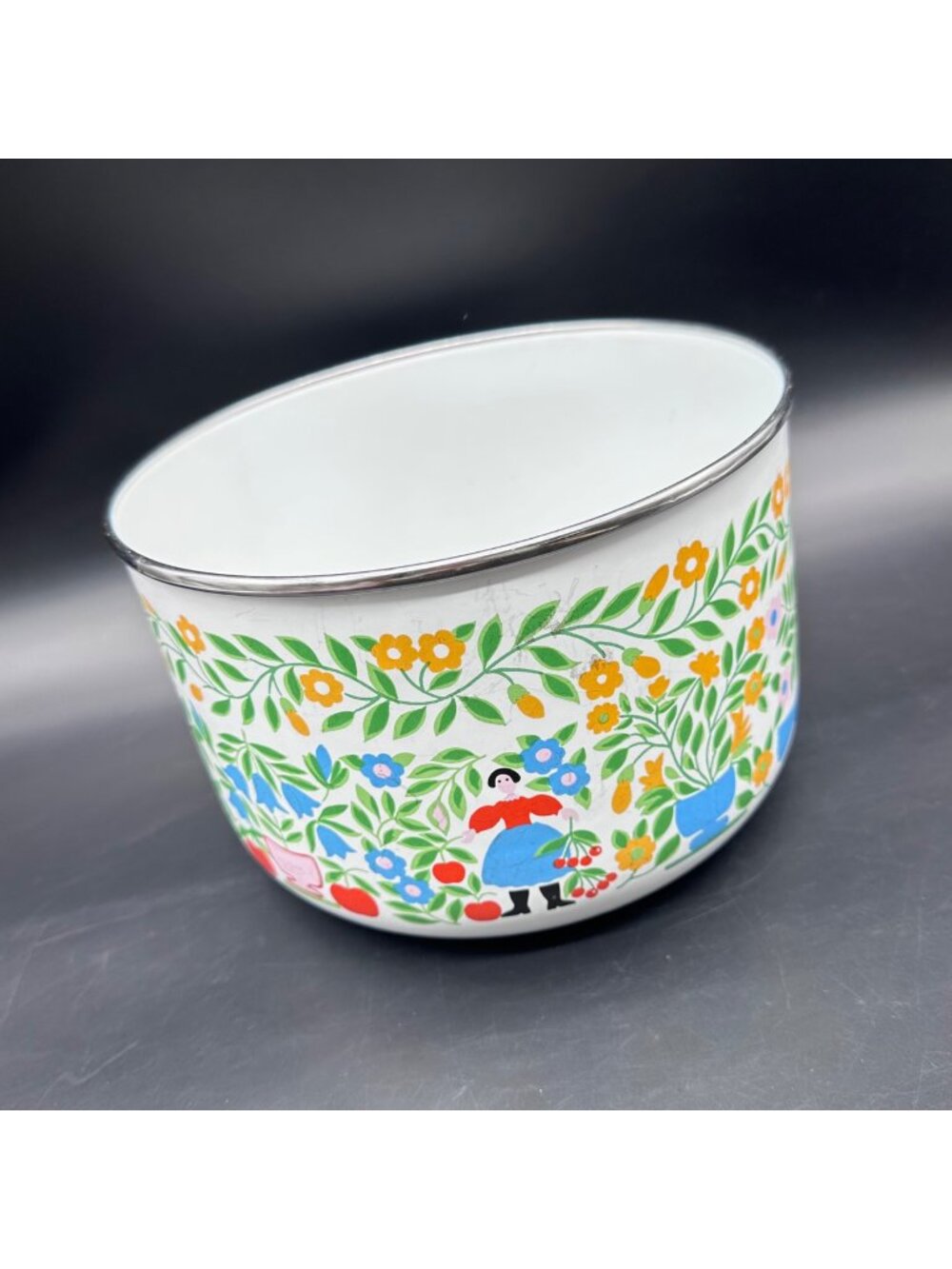 Vintage Kobe Enamelware Bowl Pennsylvania Dutch Folk Art Japan Birds Floral 70s